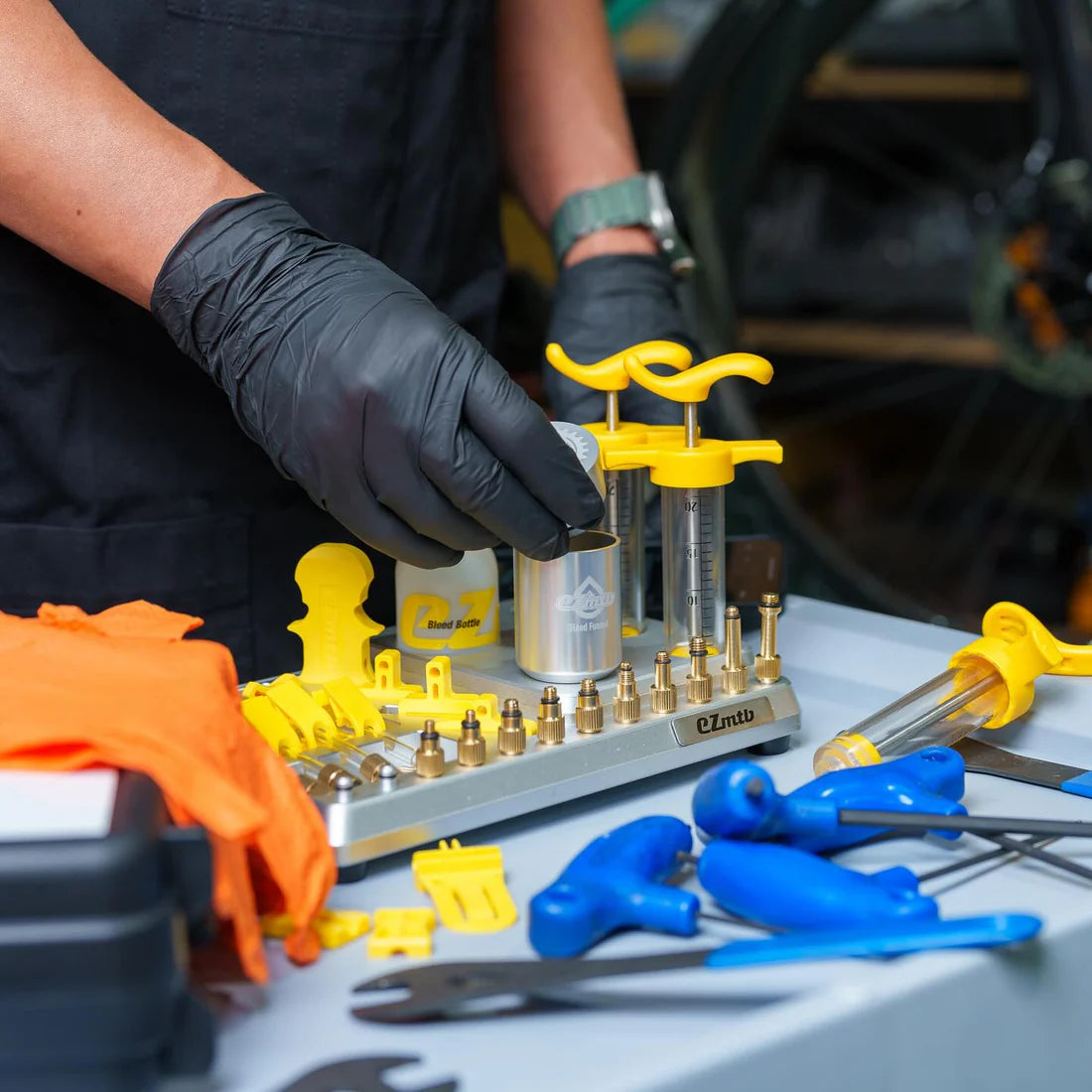 EZ MTB Pro Bleed Kit being used on workbench