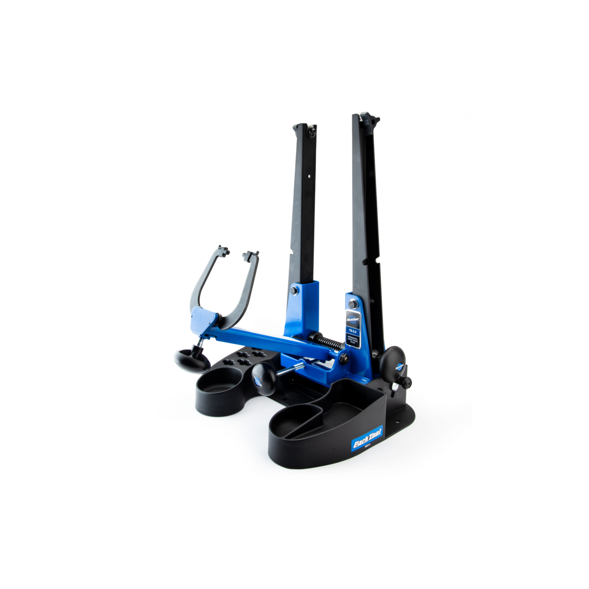 Park Tool TS-2.3 Powder Coated Blue Truing Stand with large plastic base fitted on white background