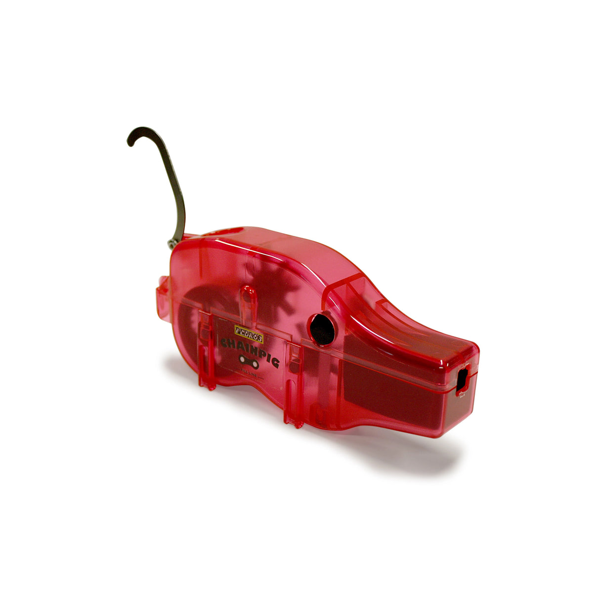 Red Pedro's chain pig on white background with derailleur hook opened