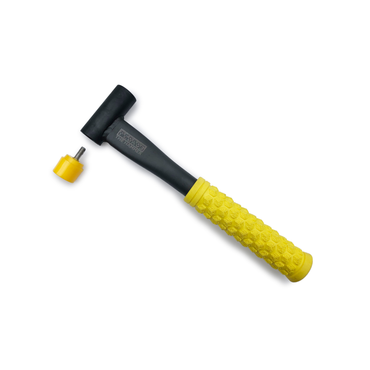 Pedro's Hammer with yellow bicycle grip handle on white background showing the replaceable rubber face