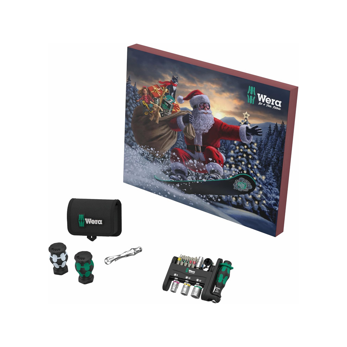 Wera Advent Calendar 2024 box with included tools laid out in front of a white background