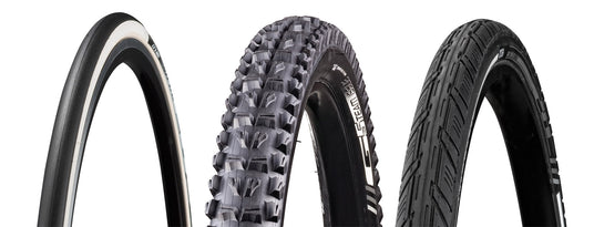 assorted road, gravel, and mtb tyres on white background that demonstrate the tyre lever compatibility